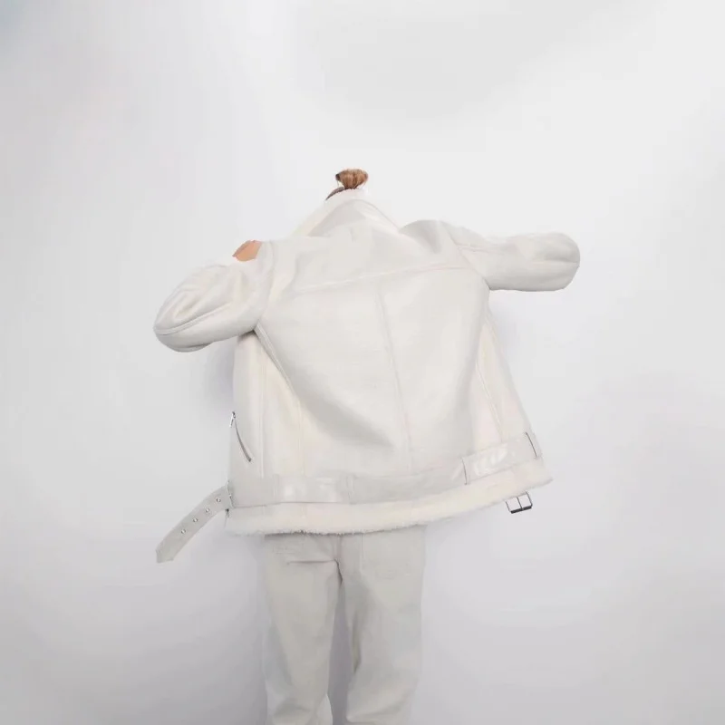 Langarm-Diagonal-Reißverschlussgürtel Damen-Lederjacke 2025Wintermode mit Pelz gefütterter, verdickter Umlegekragen