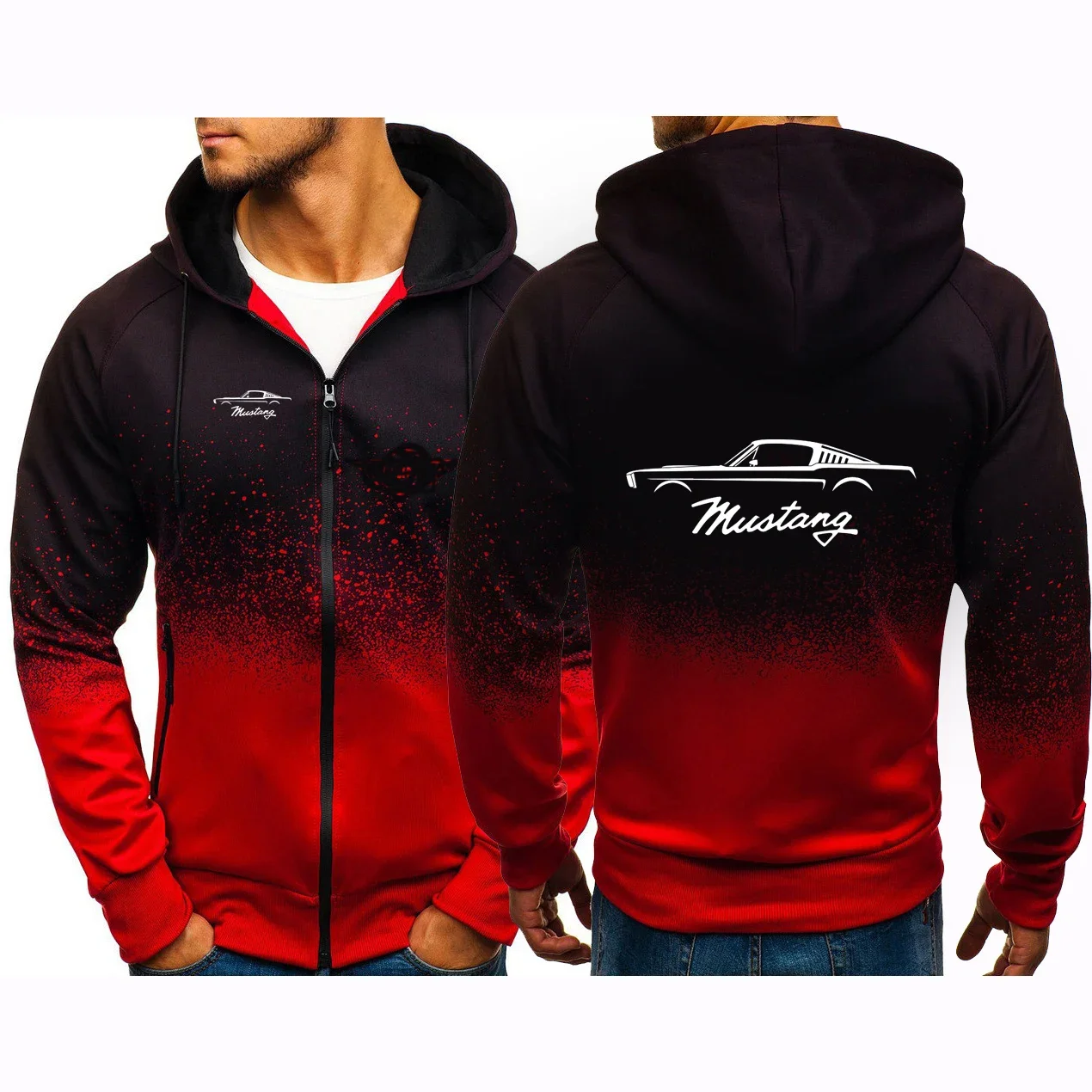 2024 New Mustang Logo Printed Fashion Comfortable Hooded Jacket Spring Autumn Men's Popular Gradient Color Casual Zipper Outwear