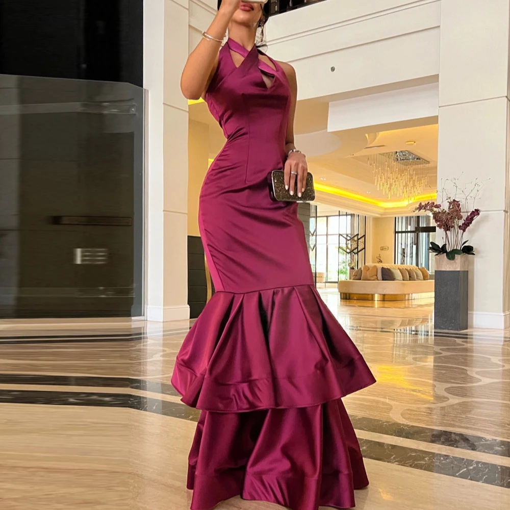 

Fashion Grape Halter Mermaid Satin Formal Occasion Prom Dresses Floor-length Women Evening Party Dress فساتين السهرة