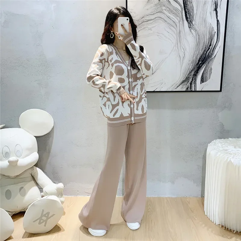 Fall Winter Women's Suit Fashion Casual Knit Suit Loose V-neck Knitted Cardigan Sweater Jacket Baggy Wide-legged Knit Pants 2pcs