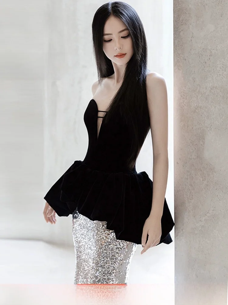 

Элегантное черное вечернее платье с пайетками для женщин, класса люкс, без бретелек, уникальный дизайн, стройнящее, фасон «рыбий хвост», для вечеринок и свадеб