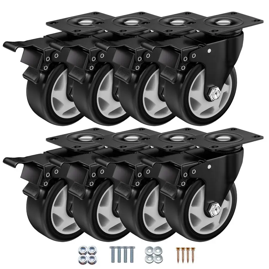 Ruedas Giratorias de Pulgada, Juego de 8 Ruedas con Freno de Alta Resistencia, Ruedas Industriales con Placa Superior Giratoria y Bloqueo para Trabajos Pesados