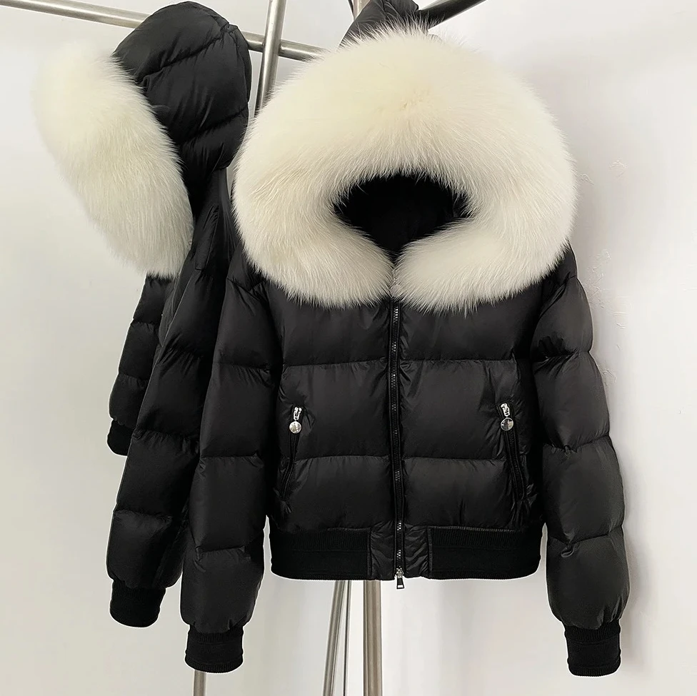 Пушистая куртка-пуховик из натурального меха енота, женская вязаная куртка с воротником из натурального меха, белое пальто на утином пуху, зимний топ