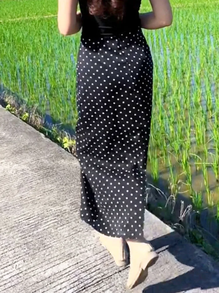 

Летняя юбка 2024 года в горошек с асимметричным подолом, простая струящаяся длинная юбка, женская миди-юбка премиум-качества