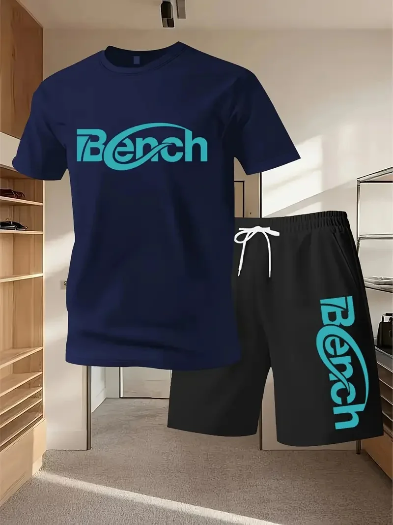 

New men's summer fashion two-piece set, soft knit with slight elasticity, round neck, elastic waistband, suitable for casual and