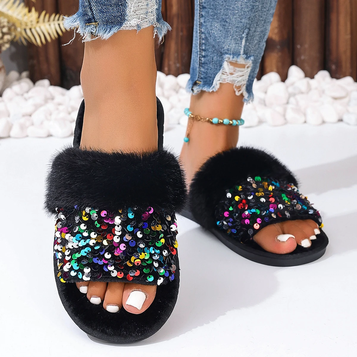 Pantoufles Bling en Fourrure pour Femme, Sandales de Printemps en Velours, Tendance, Décontractées, pour Chambre à Coucher, Courtes en Peluche, 2024