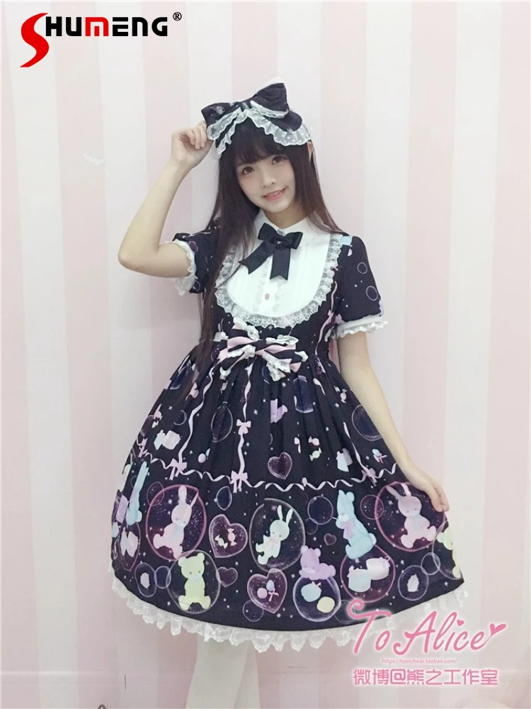 

Original Japanese Sweet Kawaii Lolita Dresses Doll Face Bow Puff Sleeve Cartoon Print High Waist A-line Short OP Dress For Women