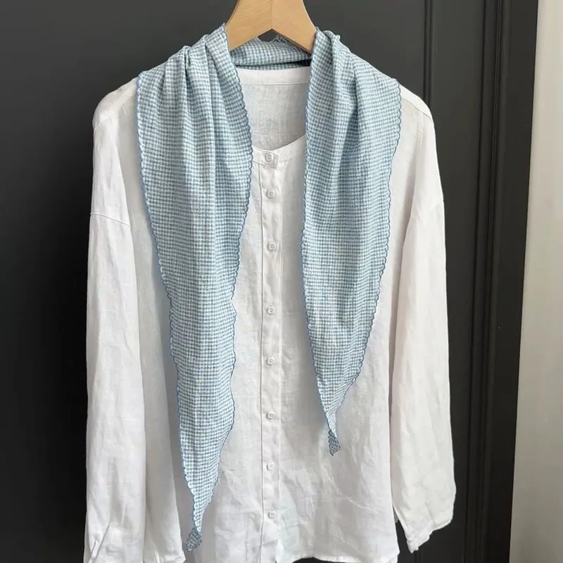 

cotton scalloped small checkered scarf women, and natural style, soft and breathable, artistic neck
