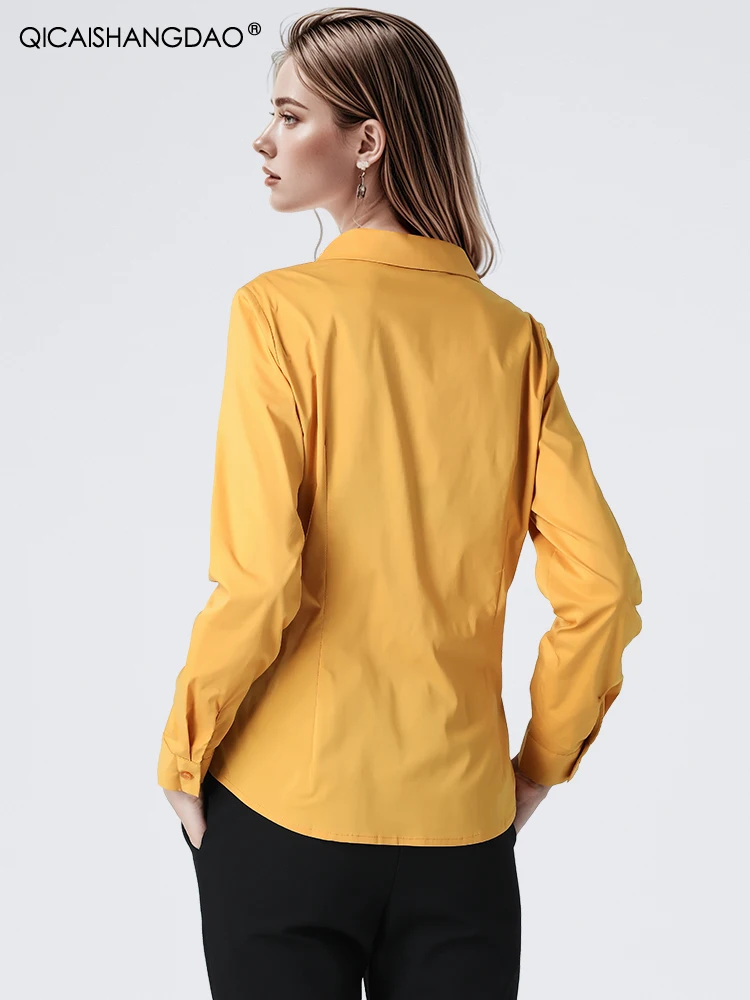 Elegante camicia Skinny da donna in cotone manica lunga con scollo a v asimmetrico Button-down top 2024 autunno inverno nuovo ufficio camicette da