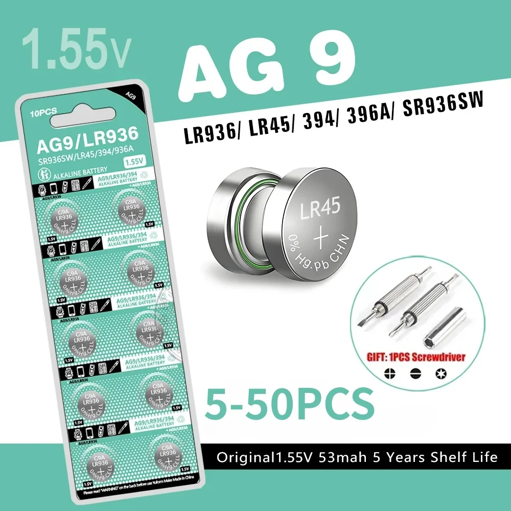 

5-50PCS AG9 LR936 SR936SW 1.55V 53mAh High Quality Alkaline Button Battery 394 LR45 Leak-Proof for LED Light Calculators Watches