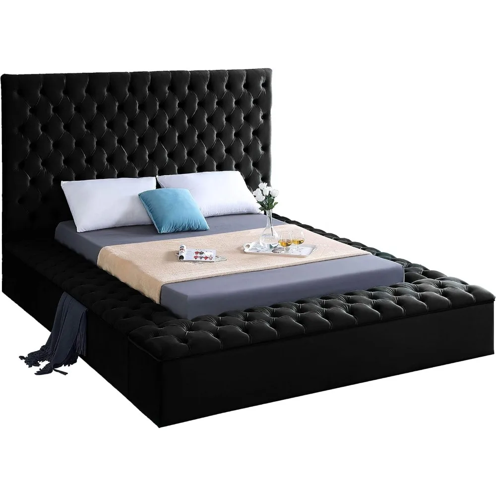 Bliss Collection Modern | Contemporary Velvet Upholstered Bed with Deep Button Tufting and Storage Compartments in Rails.