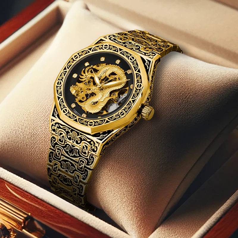 

Мужские классические механические часы в винтажном стиле с стальным ремешком с гравировкой золотистого дракона и стразами с пятью когтями