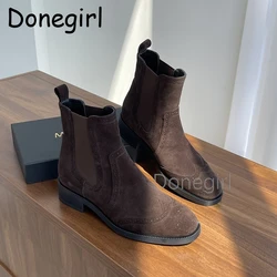 New Women's Shoes Head Layer Cowhide Round Head Carved Flat Mid-Heel Ankle Boots English Style Genuine Leather Chelsea Boots