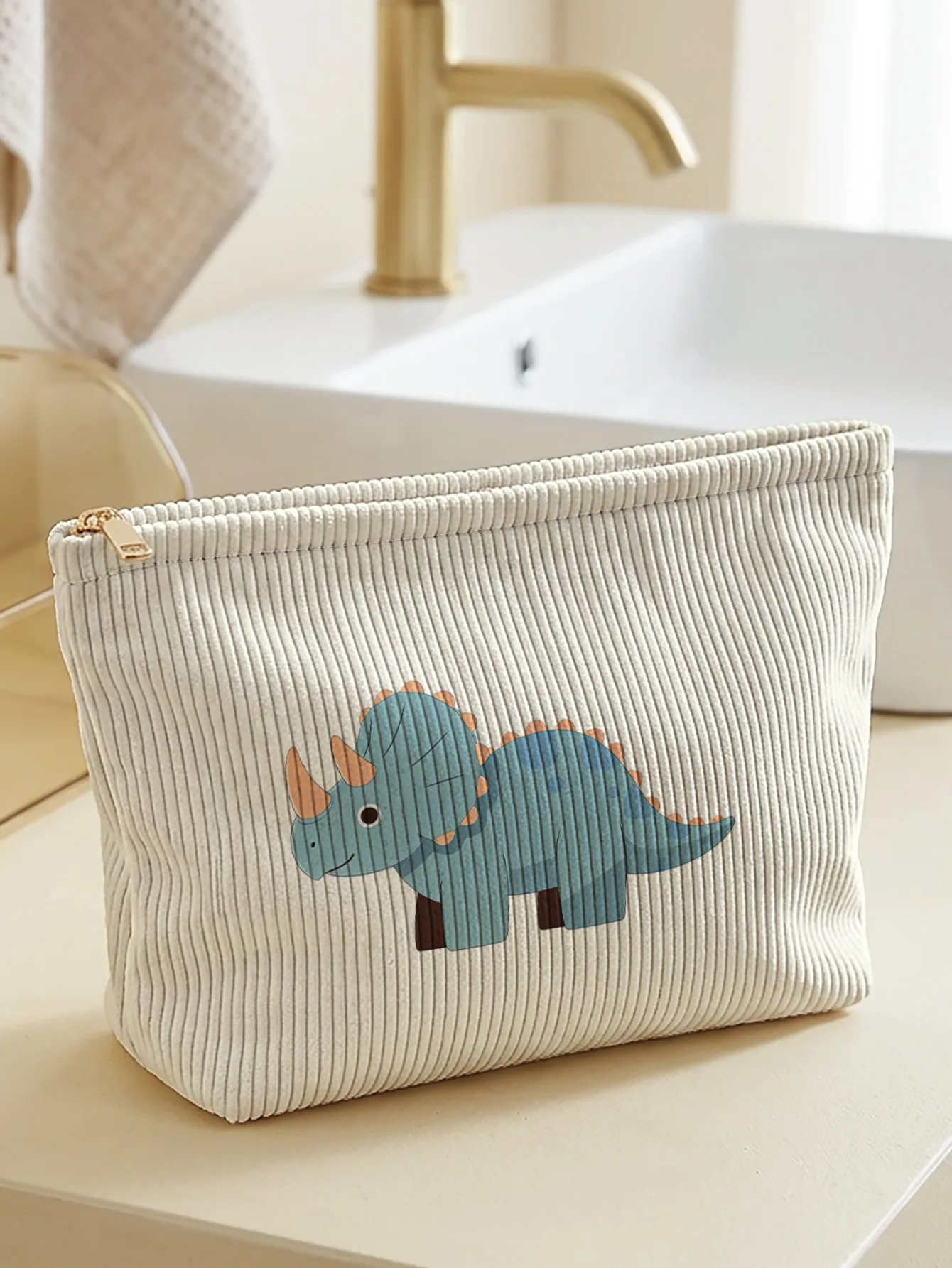 Cute cartoon triceratops dinosaur printed corduroy makeup bag, lightweight zipper pouch, multifunctional lined cosmetic bag