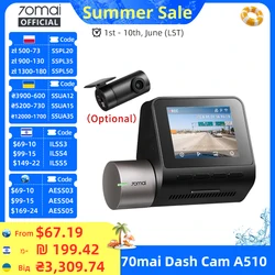 70mai Dash Cam A510 1944P HDR GPS ADAS 4G Connectivity 70mai 4G Front Cam A510 Car DVR 24H Parking Support Rear Cam