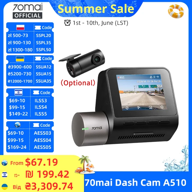 70mai Dash Cam A510 1944P HDR GPS ADAS 4G Connectivity 70mai 4G Front Cam A510 Car DVR 24H Parking Support Rear Cam