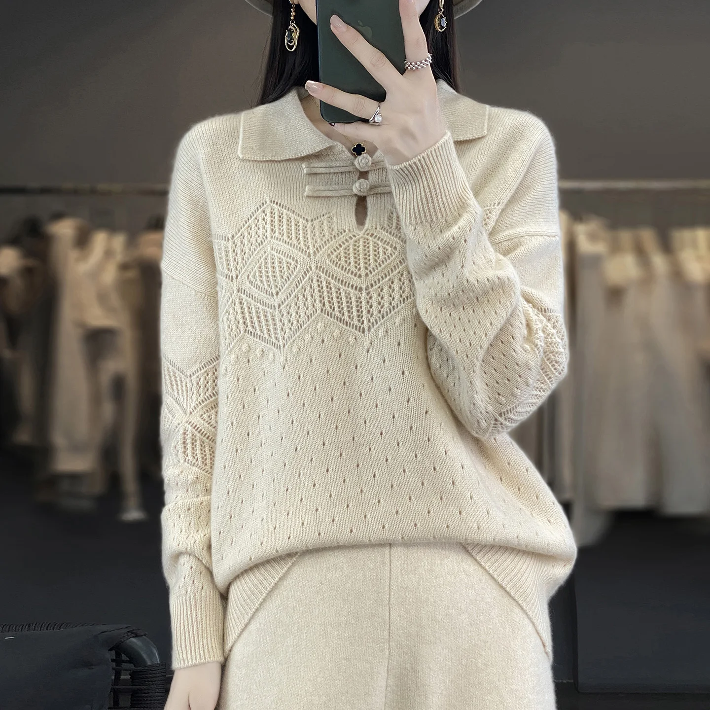 Womens 100 Pure Wool Sweater Autumn Winter Fashion Lapel Collar Long Sleeve Knitted Top Button Closure Chinese Style New