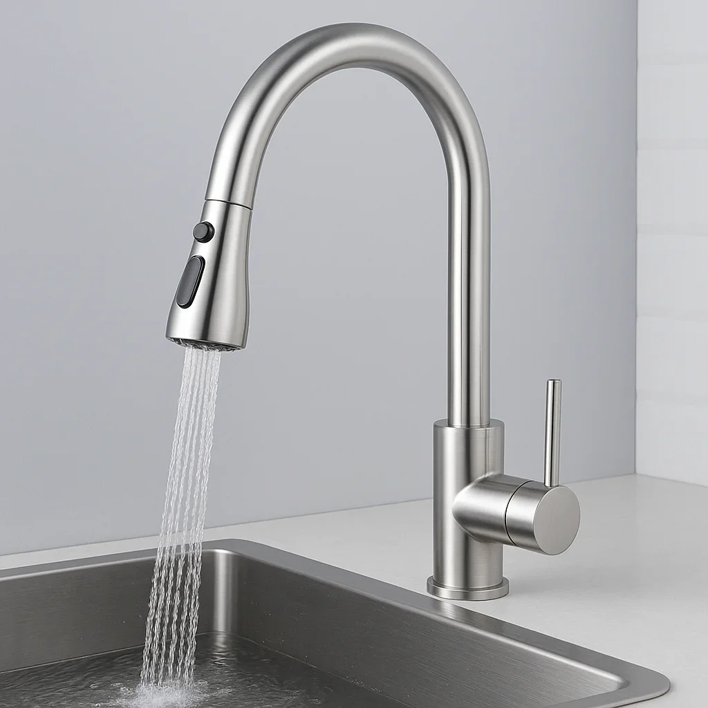 Flexible Sink Brass 3 Way Commercial Modern Stainless Steel Kitchen Faucet With Pull Down Sprayer CE ROHS Certified