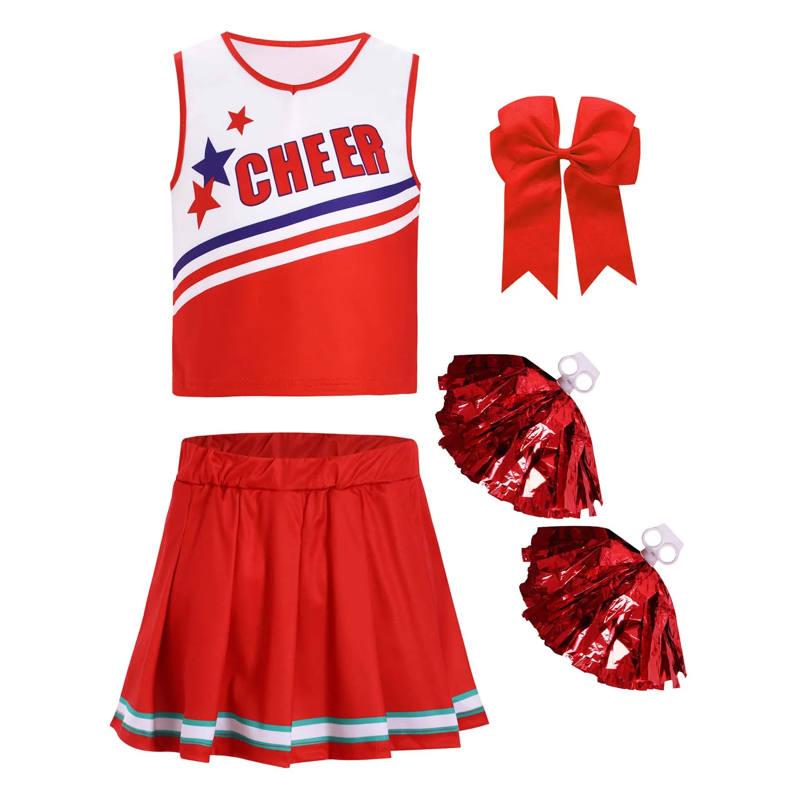 Kids Girls Cheerleading Uniform Dance Outfit Letter Print Crop Top Ruffled Skirt 1Pc Bowknot Headwear 2Pcs Pompoms Hand Flowers