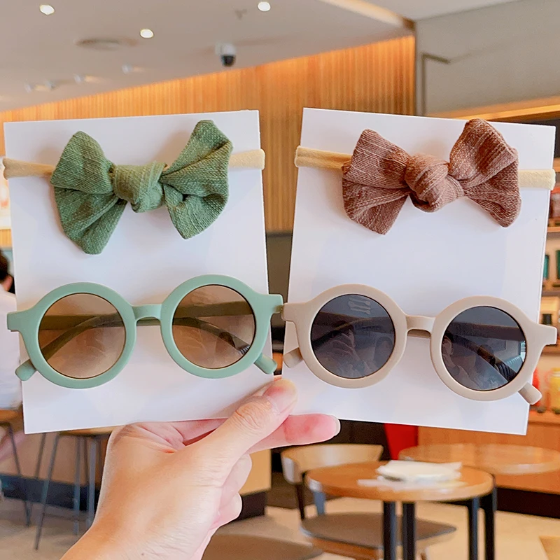 2Pcs/set 2023 Vintage Kids Summer Bows Headband Round Sunglasses Children Sun Glasses Protection Glasses Baby Hair Accessories