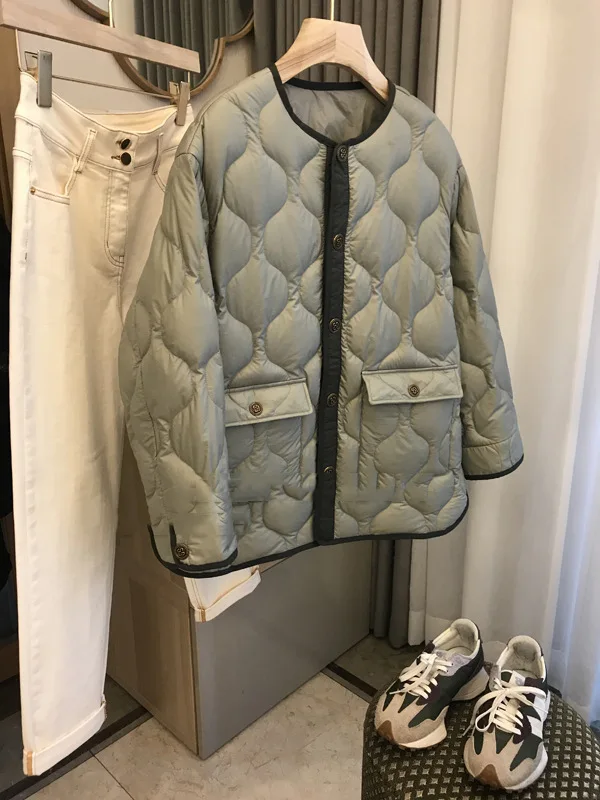 Chaqueta de algodón con cuello redondo para mujer, abrigo holgado con bolsillos grandes, de retales, con relieve de color