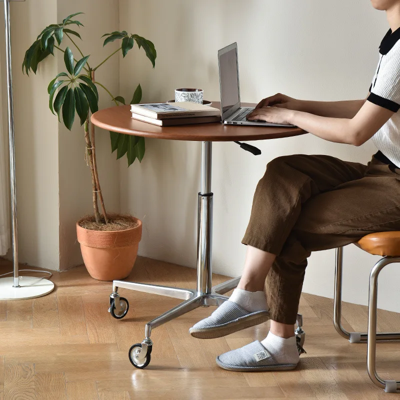 

Nordic All Solid Wood Coffee Work Table Stainless Steel Negotiation Lifting Mobile Coffee Table Dynamic Island Round