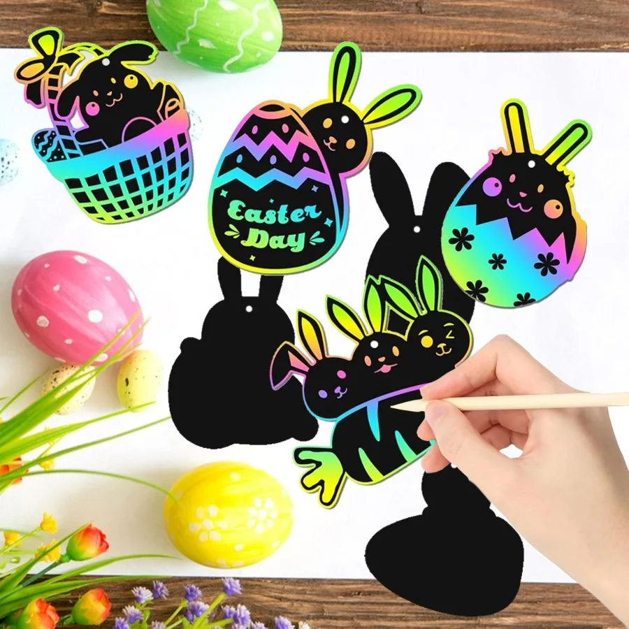 80 枚イースタースクラッチカード紙色ロープと竹ペンカラフルなスクラッチオフ絵画ウサギとニンジンギフトパッケージ