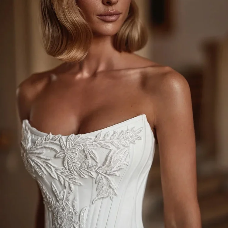 ZIBUYU Trägerloses, schlichtes, bodenlanges Brautkleid aus Satin mit hohem Schlitz, A-Linie, ärmellos, Korsettrücken, Hochzeitskleid, individuell gestaltet