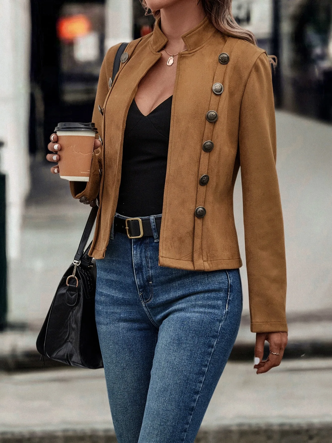 

Fashionable retro style faux suede jacket long sleeved women's shirt POLO collar double row button decoration cardigan jacket su