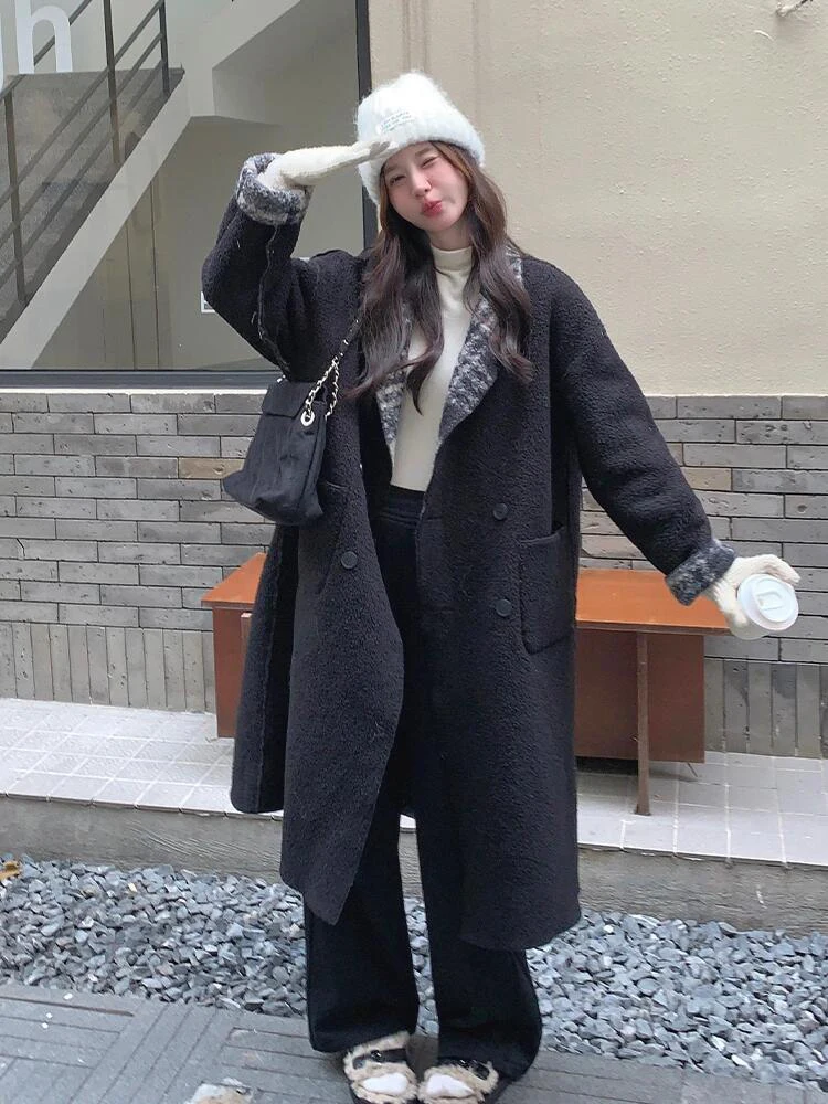 

Double-Sided Warm Woolen Coat for Women Loose Fit Korean Style College Fashion Early Winter New Arrival Black Midi-Length