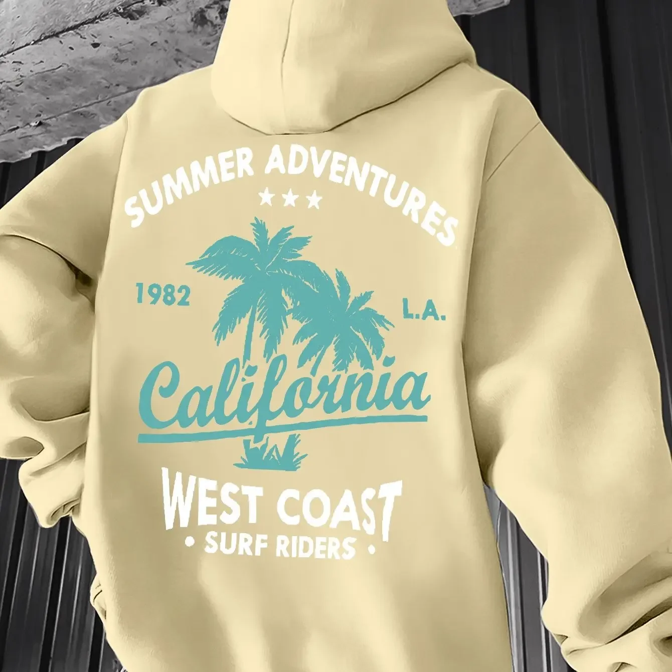 Fashion Trend Men's Autumn-Winter Hooded Sweatshirt for Exploration, Brown Palm Vintage 1982 Print Fleece Warm Hooded Shirt