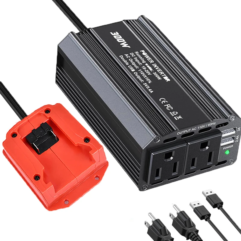 

300W Portable Inverter Power Station Smart Transformer Compatible for Makita/DW/Milwaukee 18/20V Batteries Outdoor Work Adapter
