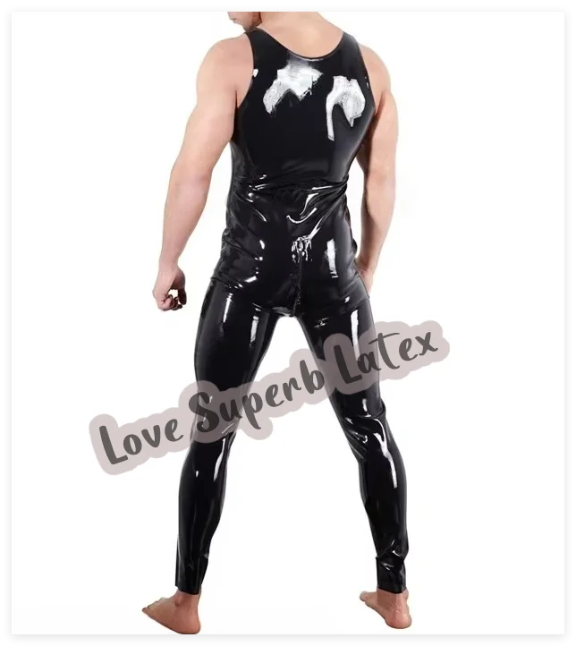 Handgemaakte Latex Romper Sexy zwarte Latex Catsuit Mouwloze kruisrits Rubber Overall Romper
