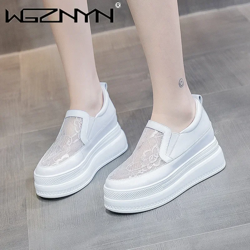 

Модные роскошные кроссовки из натуральной кожи с воздушной сеткой для отдыха без шнуровки с круглым носком и толстой подошвой, дышащая женская летняя вулканизированная обувь