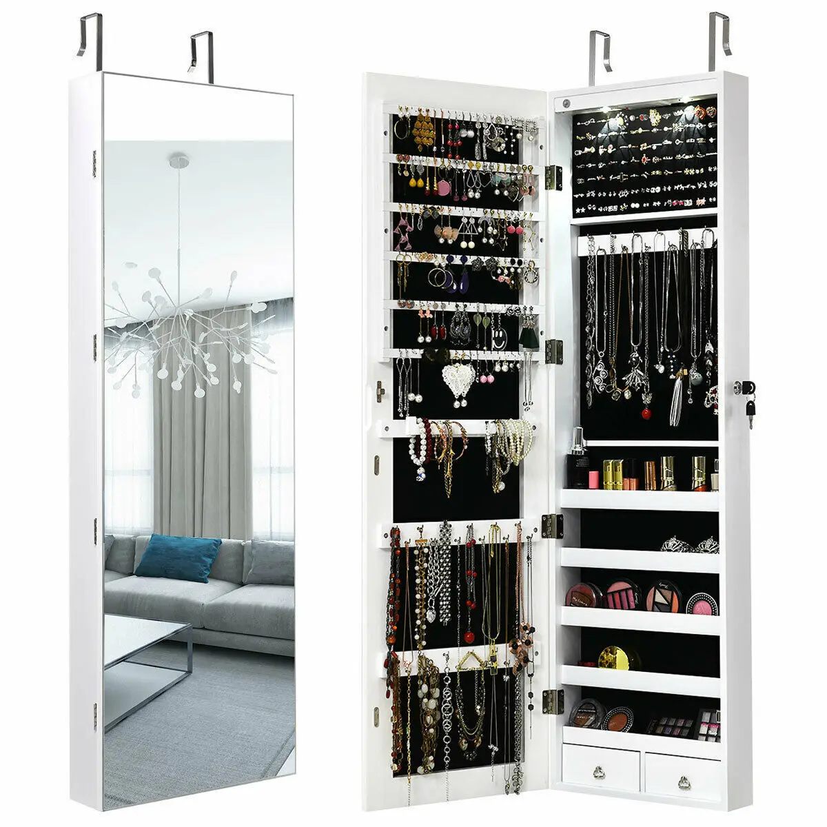 Wall & Door Mounted Mirrored Jewelry Cabinet Storage Organizer W/ Lights&Drawer