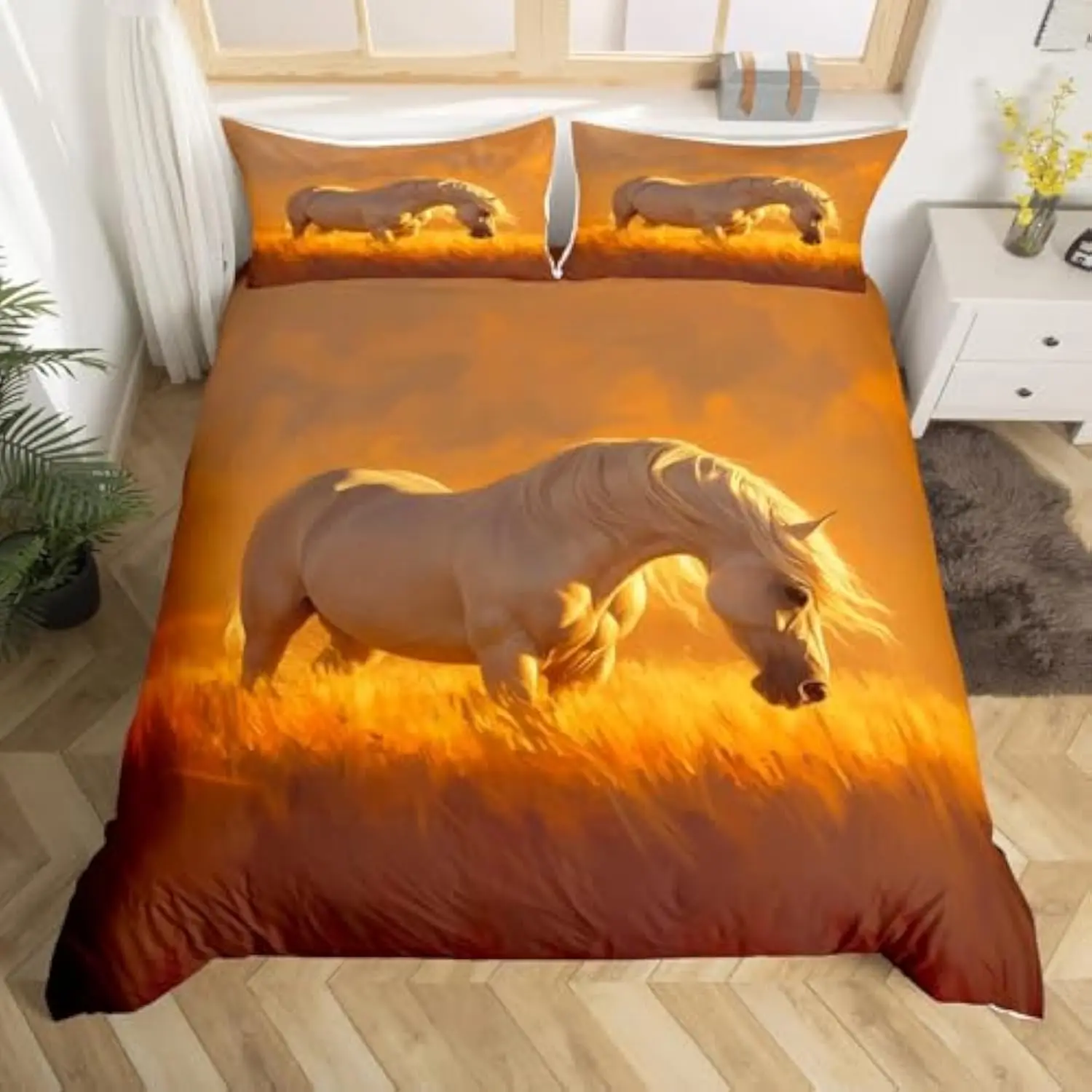 

Комплект постельного белья с принтом лошадей на пастбище - реалистичный набор постельного белья с животным принтом для декора спальни девочек, полиэстер