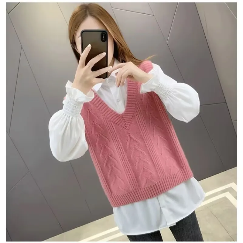 

Women Sweater Vest Add Shirt Suit Spring Autumn Women Loose Knitted Sweater Ladies V-Neck Pullover Tops Shirt Female Outerwear