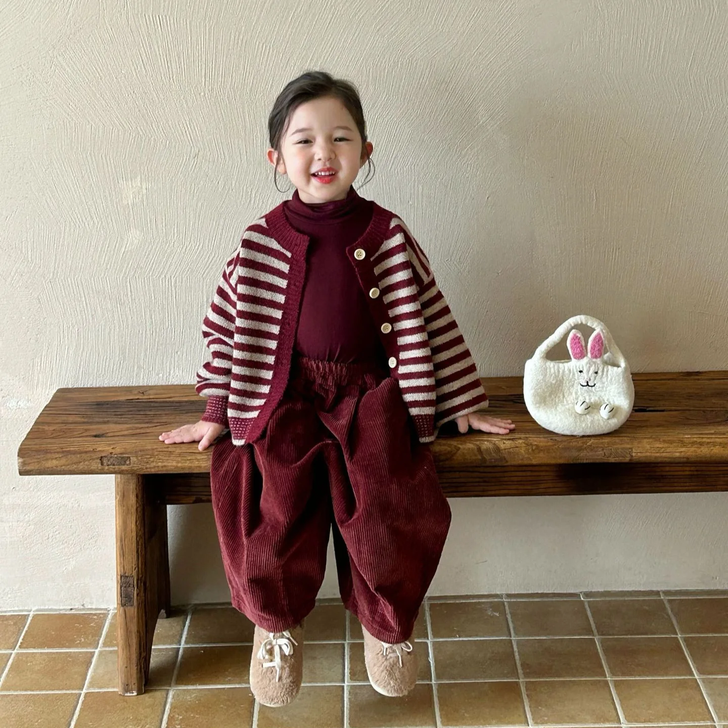 Baby Girls Sets Fashion Red Striped Knitted Cardigan Sweater Corduroy Pants 2024 Autumn New Korean Style Kids