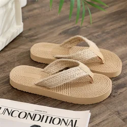 Women Slippers Lightweight Straw Braided Flip Flops Flat Solid Beach Shoes Comfortable Home Slippers Slides Outdoor Sandals