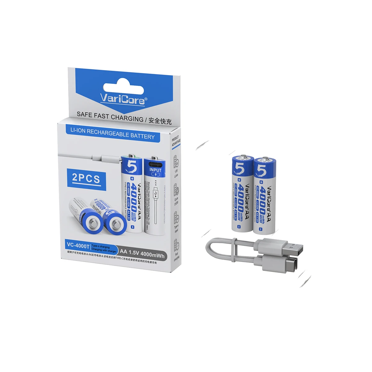 VariCoreAA 1,5 В 2 шт./карта 4000 МВтч USB перезаряжаемая литиевая батарея светодиодный индикатор для камеры/игрушки/фонарика