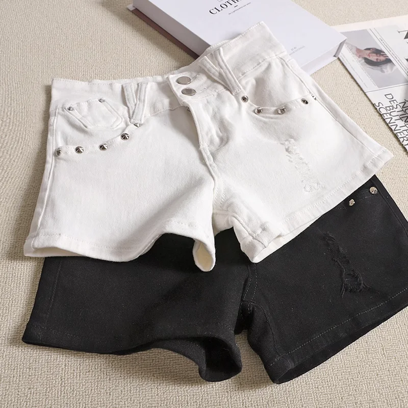 

Шорты для девочек с заклепками, летние универсальные облегающие прямые короткие брюки с высокой талией, однотонная повседневная популярная уличная одежда