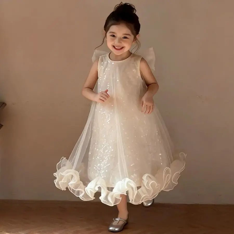 Girl Princess Dress 2026 Summer Children's Fairy Angel Wings Birthday Dress Puff Dress
