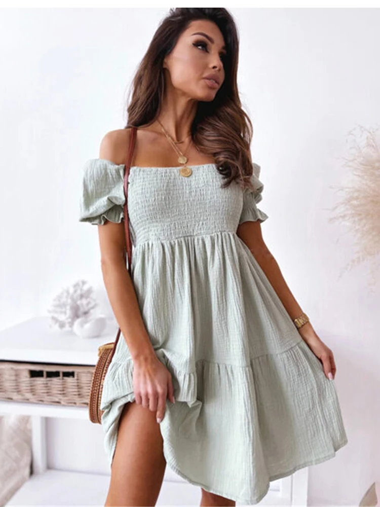 

Sexy Slash Neck Summer Dress Fashion Casual Loose White Black Beach Mini Dresses For Women 2024 Elegant Short Sleeve Robe Femme