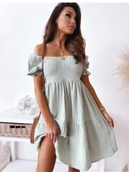 Sexy Slash Neck Summer Dress Fashion Casual Loose White Black Beach Mini Dresses For Women 2024 Elegant Short Sleeve Robe Femme
