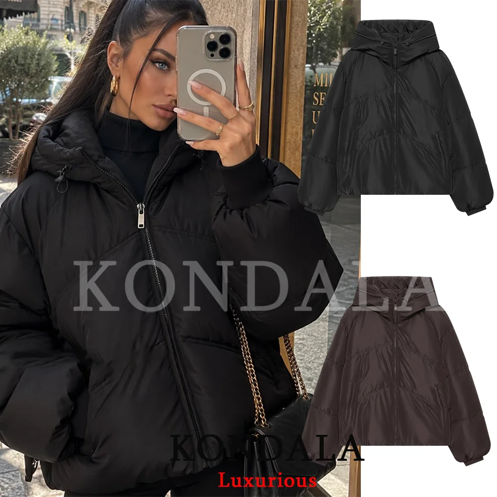 KONDALA Vintage Casual Chic Women Padded Jacket Hooded Loose Jacket Fashion 2026 Autumn Winter Warm Wind Proof Thick Jacket