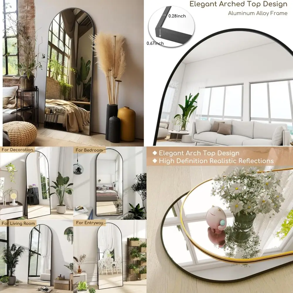Espelho de parede superior arqueado de comprimento total com suporte para quarto, espelho de chão 65 x 21 para incluir ou pendurar, espelho de corpo inteiro elegante