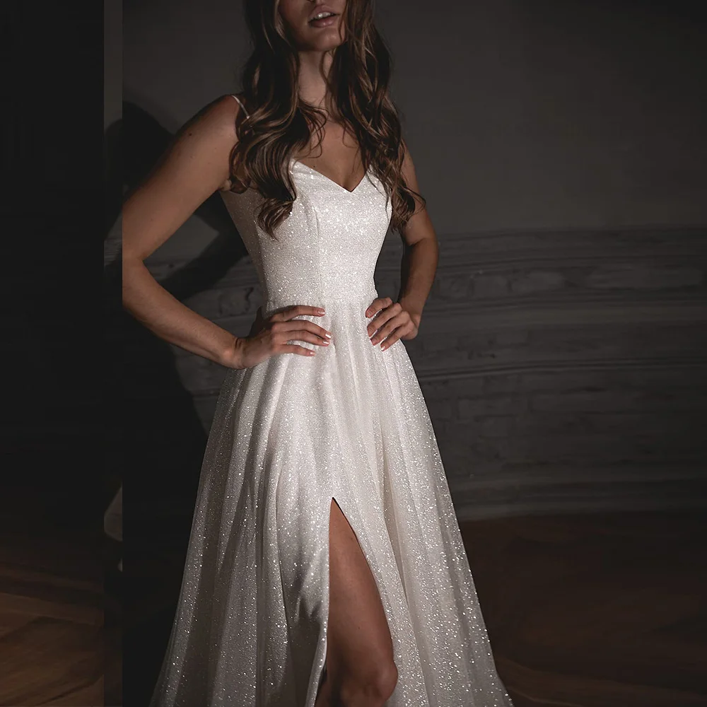 ANGEL Spaghetti sangle col en v robes de mariée scintillantes pour les femmes personnalisé côté fendu paillettes robes de soirée de mariée Hochzeitskleid