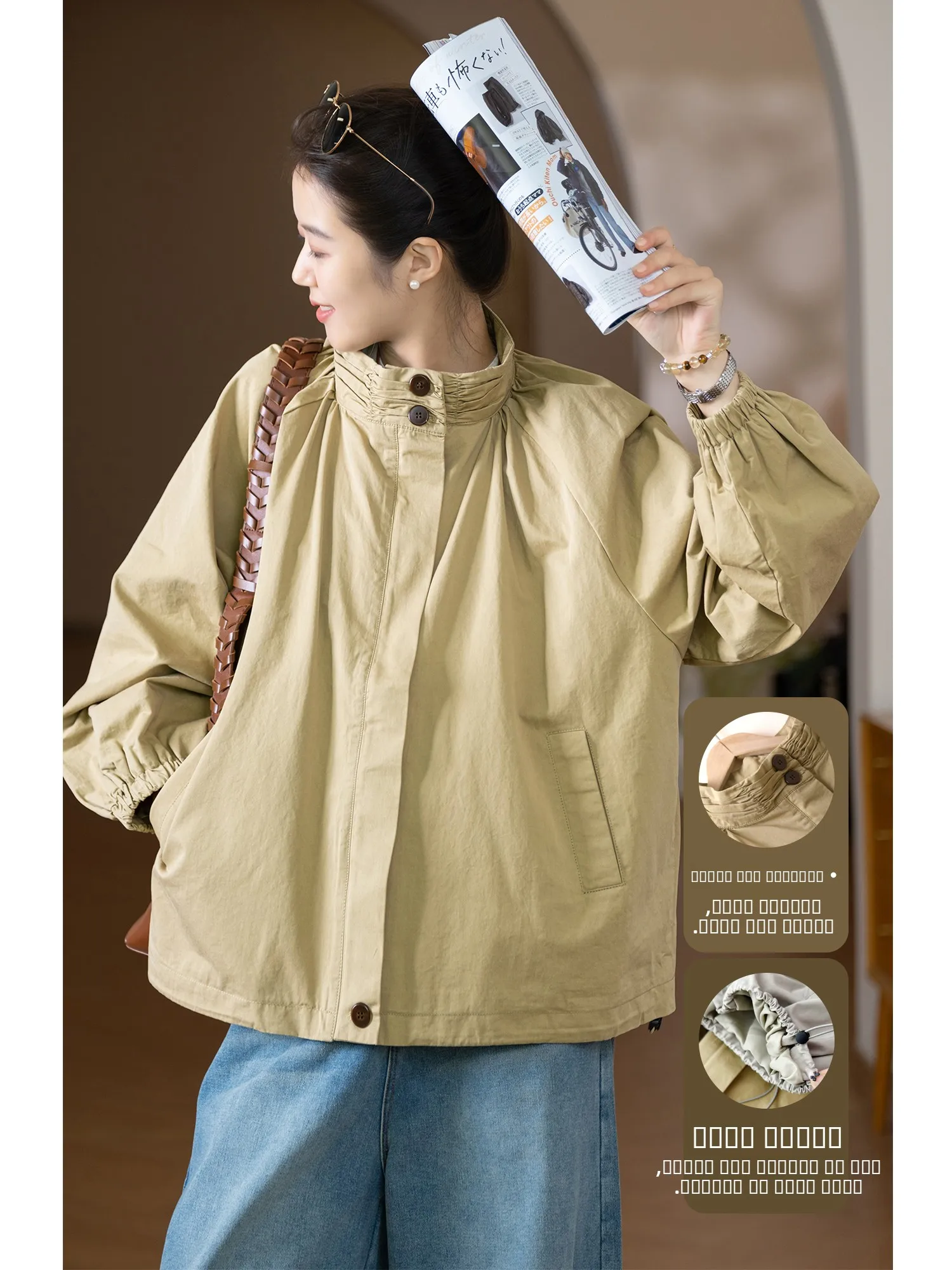 

Wior Sle Cotton Tweed Coat with Lapel Collar Long Sve Retro Two Button Ladies Outerwear Breathable Loose Fit Coat