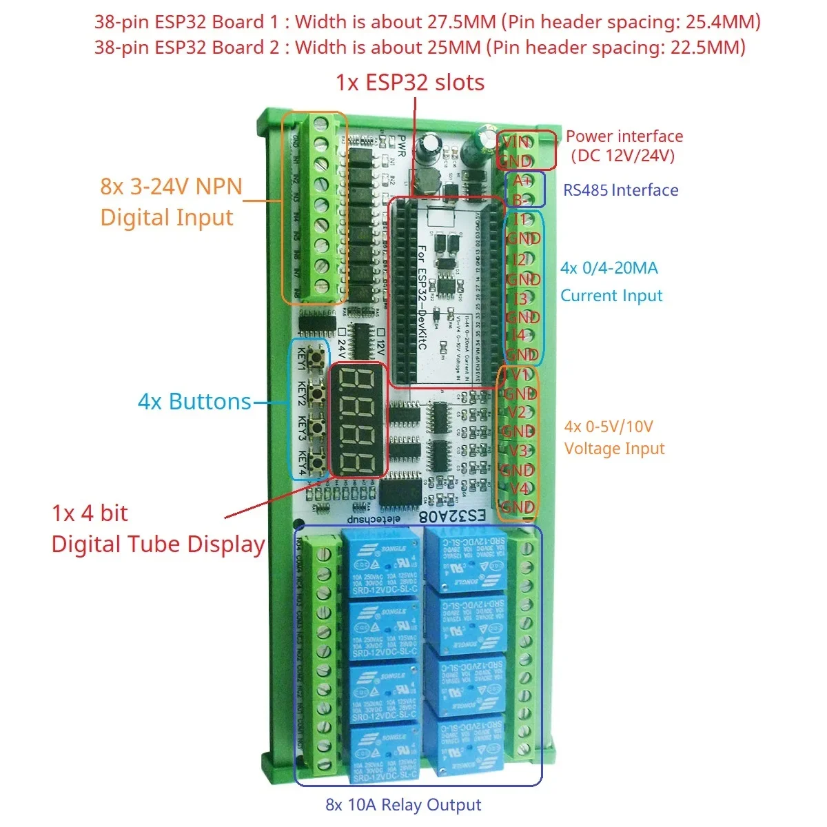 ESP32 Module DC12-24V 8CH Relay Darlington RS485 4-20mA 0-10V Analog IO Opto-Isolated WIFI Industrial Control Board