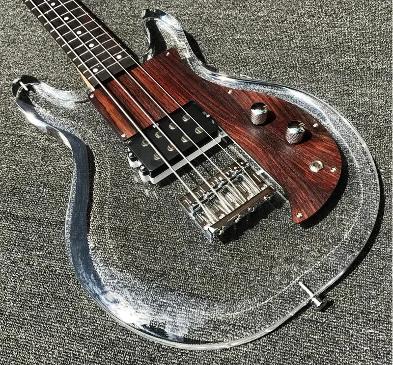 

4 String Acrylic Electric Bass Guitar Wood Pickguard 24F Crystal Body Maple Neck Rosewood Fingerbard